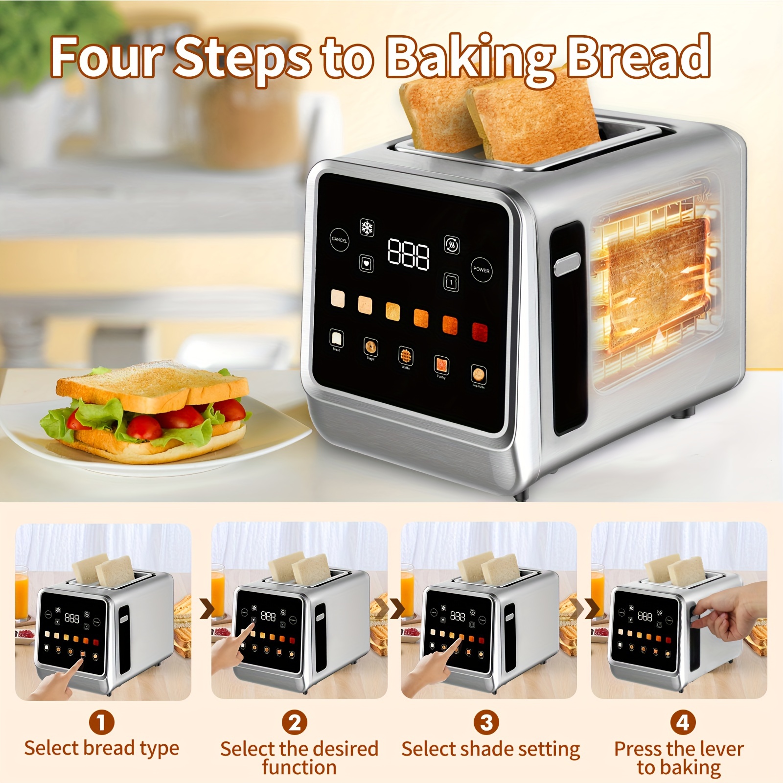 touch screen toaster 2   stainless steel digital timer toaster with 6 bread types and 6 shade settings 1 5 wide toast slot with bagel cancel defrost and memory details 3