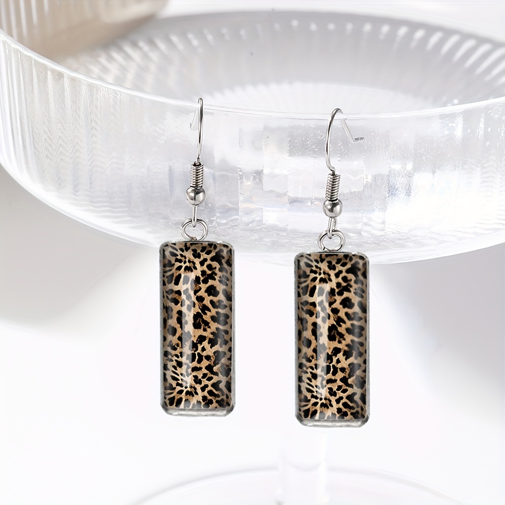 Image of 1 Pair Leopard Print Rectangular Earring Irregular Earrings Glass Dome Jewelry Gift For Friend