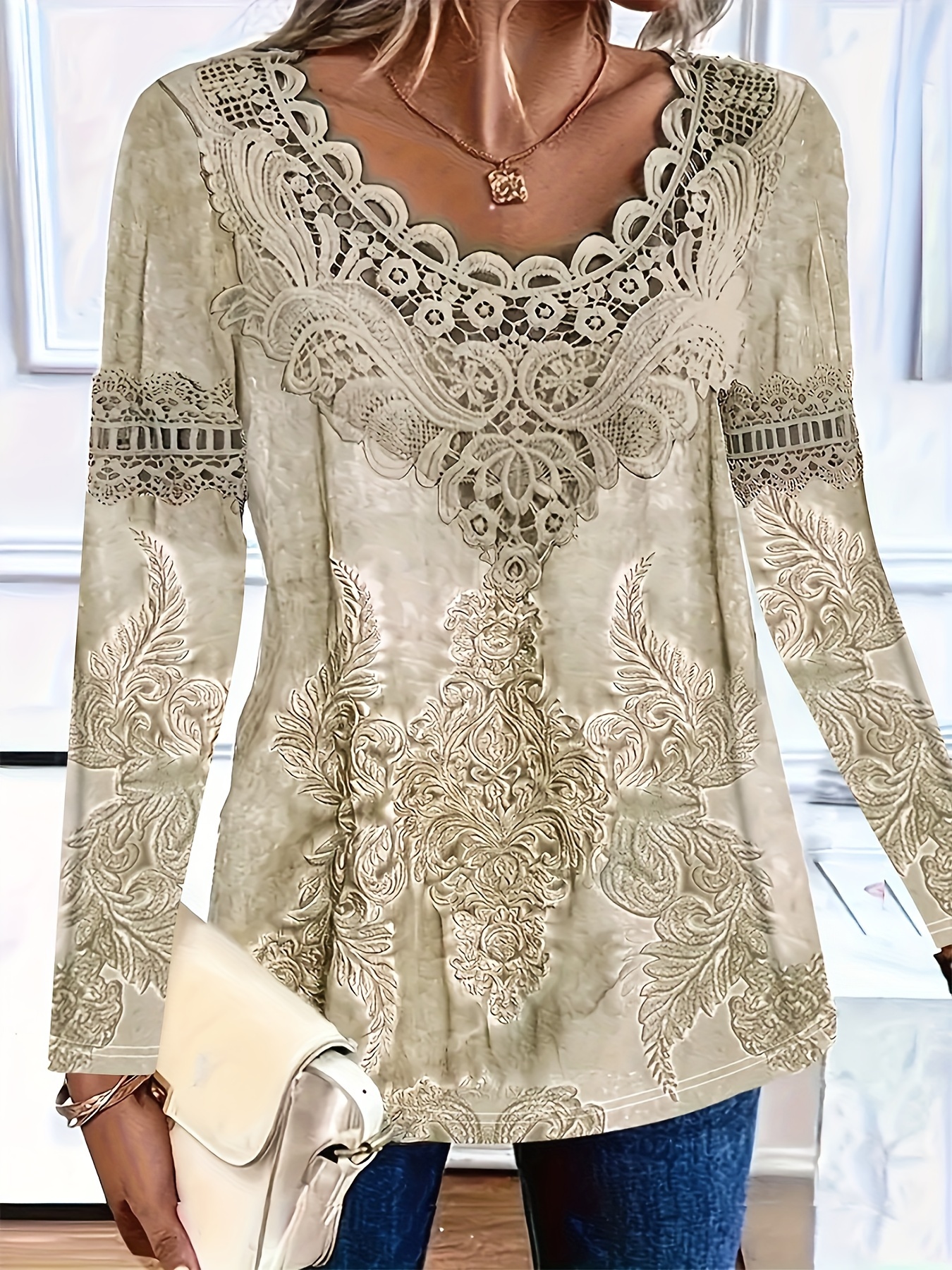 plus size stylish printed t shirt with lace collar splicing long sleeve casual womens wear