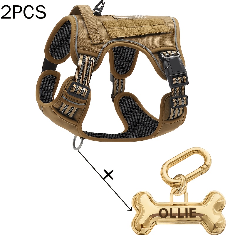 TEMU Customized 2pcs Personalized 3d Bone-shaped Pet Id Tags - Reflective No-pull Dog Harness, Suitable Personalized Tags, Home/military Style