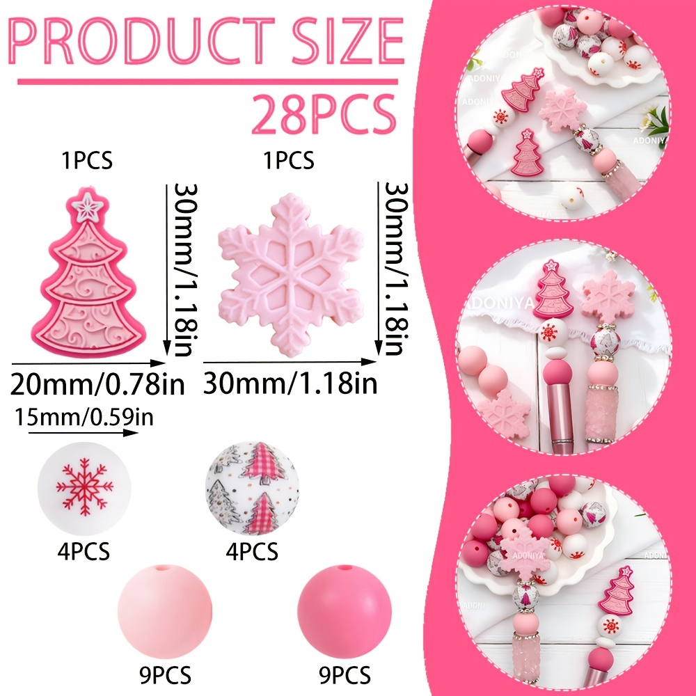 TEMU 28pcs 3 Round Silicone Beads Suitable For Pen Grips, Makeup Brush Charms, Bag & Earring Making - Red Snowflake & Plaid Christmas Tree Beads With