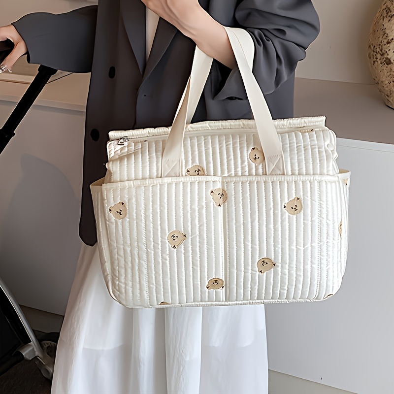 1pc White Quilted Travel Duffel Bag with Embroidered Bird Design - Large Capacity, Lightweight Polyester, Shoulder & Crossbody Straps, Perfect for Essentials & Weekend Getaways, Travel Bag