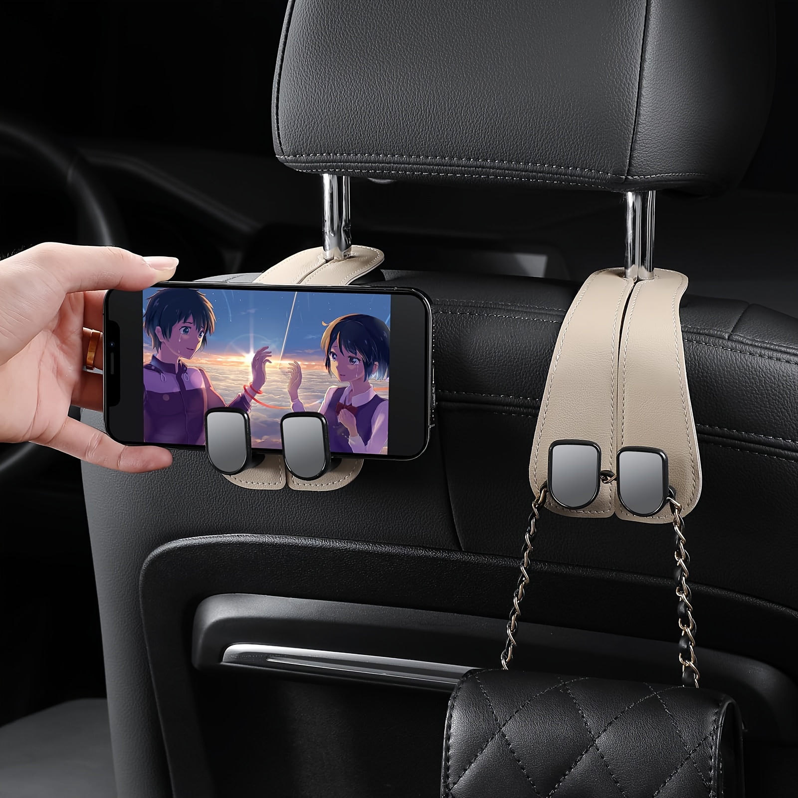 2pcs beige pvc car headrest hooks   design for purses bags fit vehicle seat back organizer accessories Product details 2