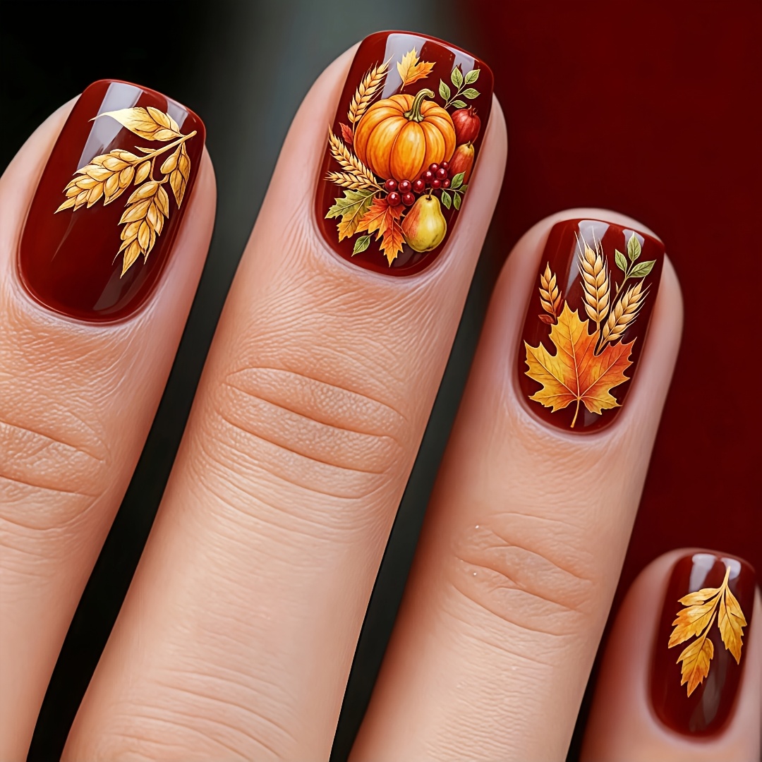 TEMU 24pcs. Thanksgiving Press On Nails, Glossy Chocolate Brown Fake Nails With Golden Wheat, Maple Leaf, Pumpkin And Prints, Warm Autumn Fall Nail