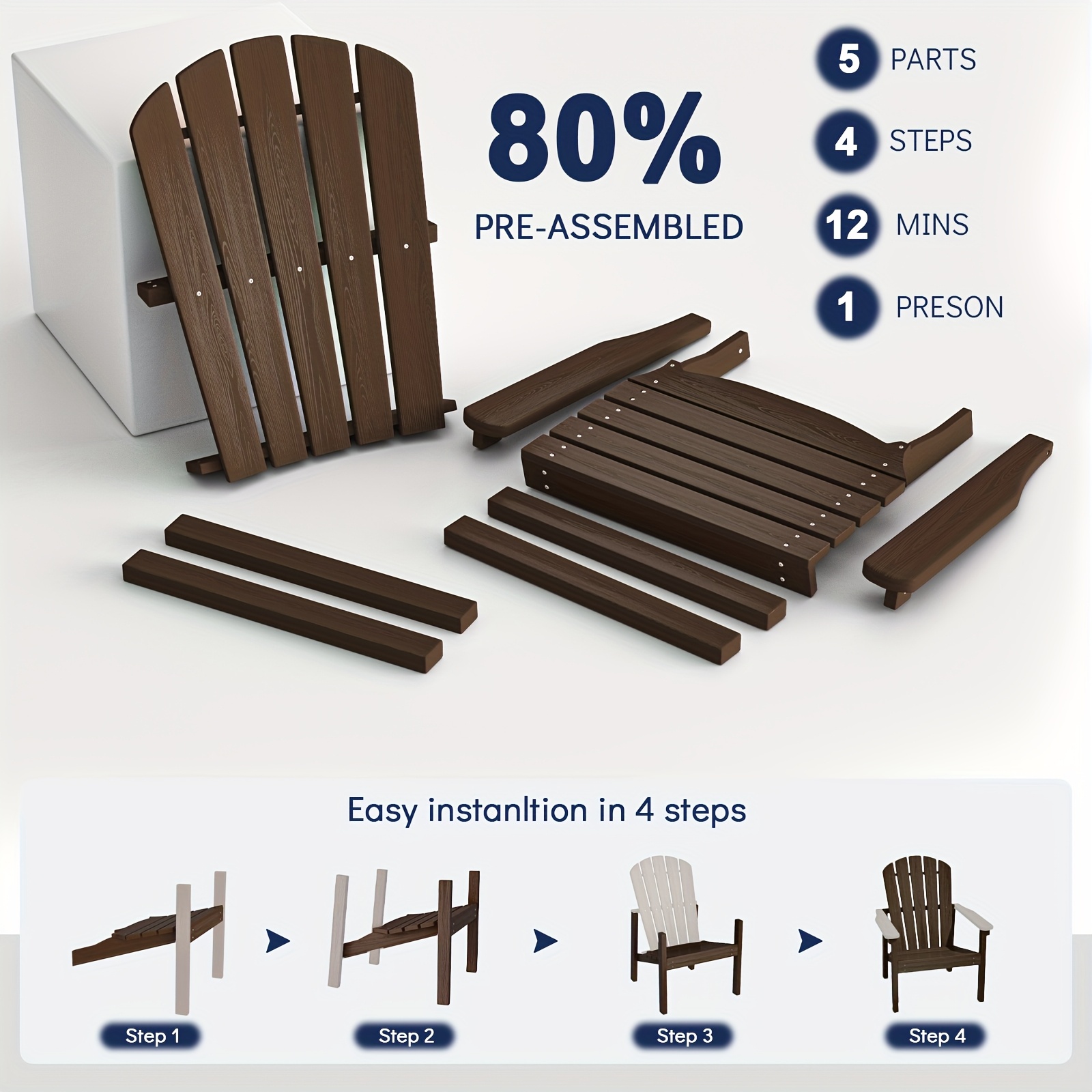 Adirondack Chair, Space-Saving Stackable Design, HDPE Material Wood Grain Finish, Ergonomic Slight Tilt, Perfect for Patio Backyard Deck & Fire Pit, Dining Chair Size