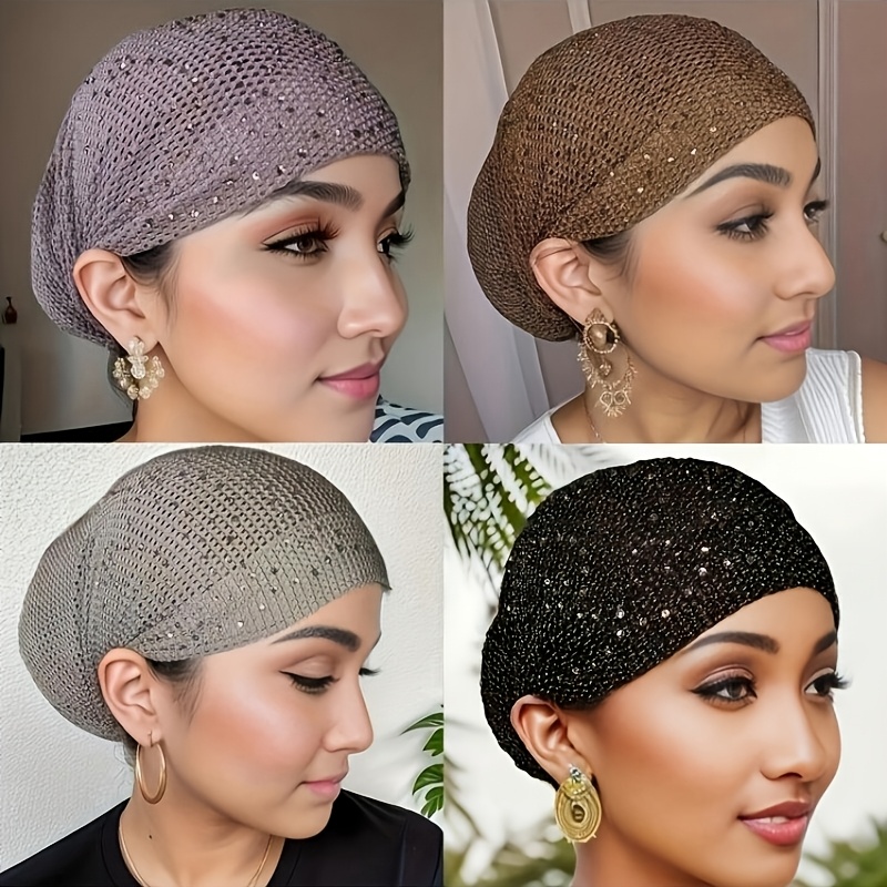 TEMU A Set Of 4pcs, Women's Rhinestone Headband, Elastic Fashion Hair Additions, Hollow Mesh Breathable Hat, Suitable For Everyday Use Headscarf