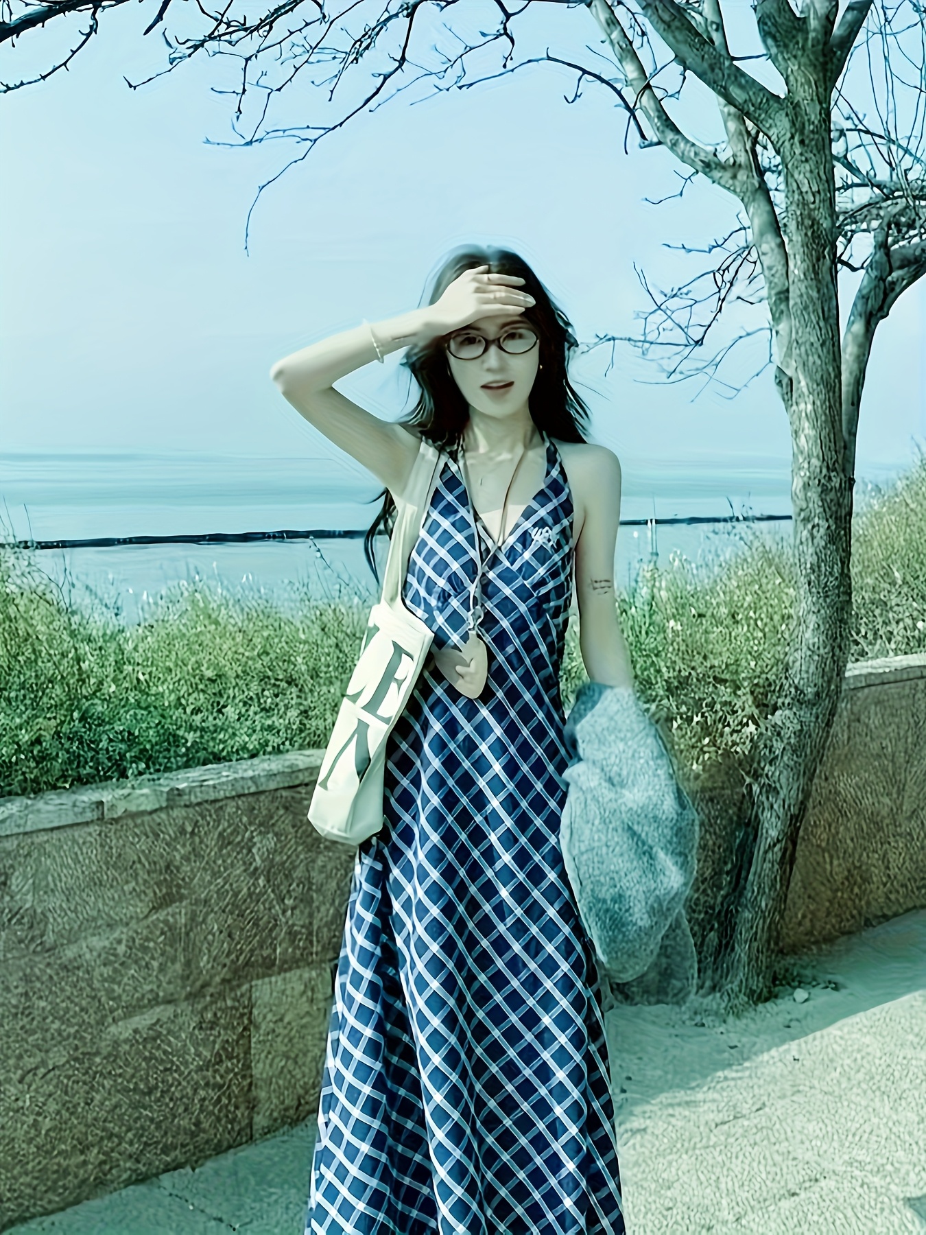 sachin and babi light blue dress Veronica Beard Mackey Gingham Halter Midi Dress main image 1