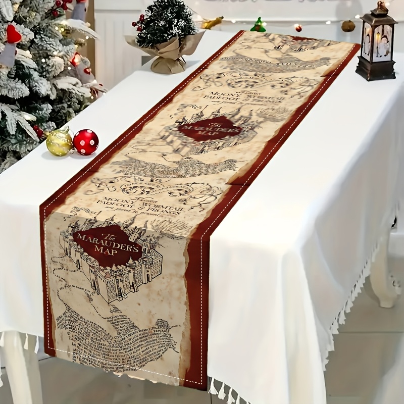 TEMU Wb Has Authorized 1pc Hogwarts Map And Prongs Linen Table Runner, Table Decoration, Suitable For Indoor And Outdoor Family Gathering Decoration,