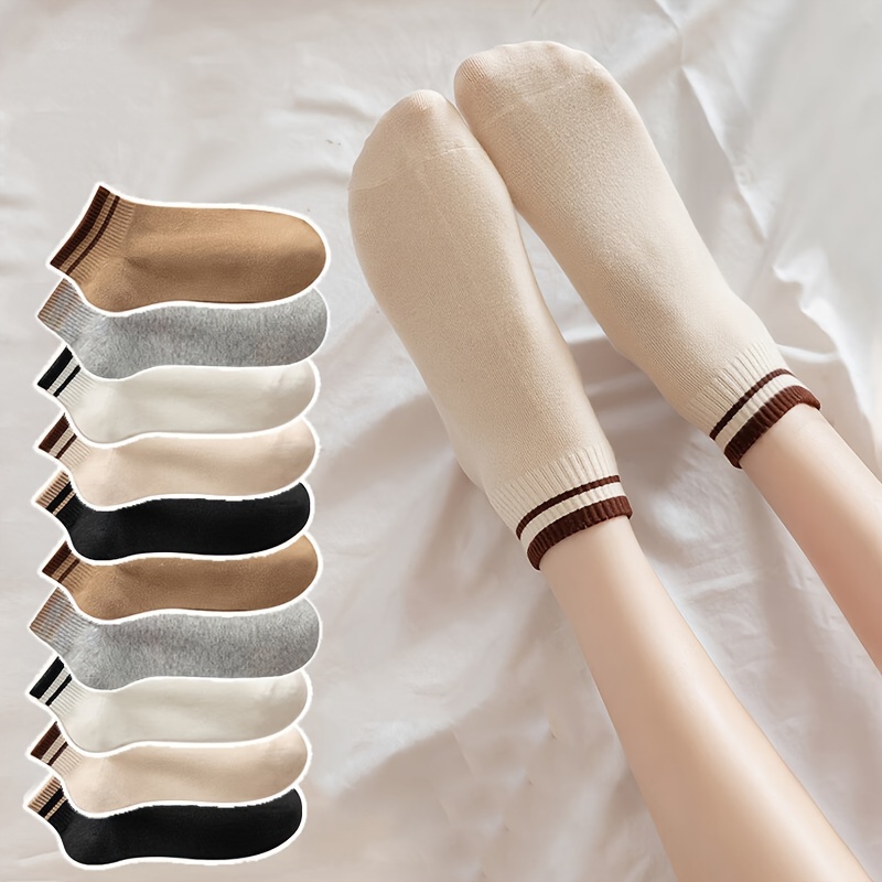 

10 Paires de Chaussettes Courtes pour Femmes avec Barres Parallèles, Tendance Printemps/Été, Chaussettes Courtes Rayées pour Femmes avec Chaussettes Bateau à Bout Léger