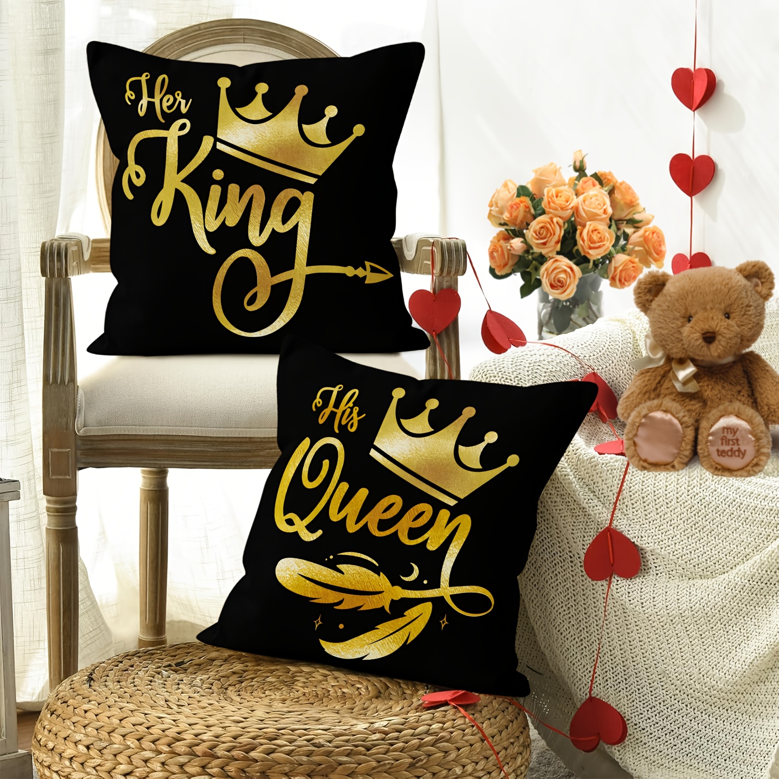 

2pcs Velvet Couples Pillow Covers, " " Design, Black And Golden, 18x18 Inches, Machine Washable, Zipper Closure, Contemporary Style, Polyester, For Wedding Anniversary Valentine's Day Decor