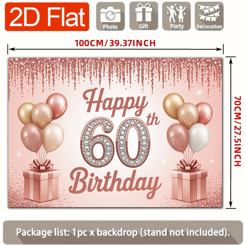 TEMU 2d Flat, [party Banners] 2d Flat Banner, 1pc Rose Golden Diamond 60th Happy Birthday Backdrop Polyester Backdrop, For Party Decor Farm, Garden,