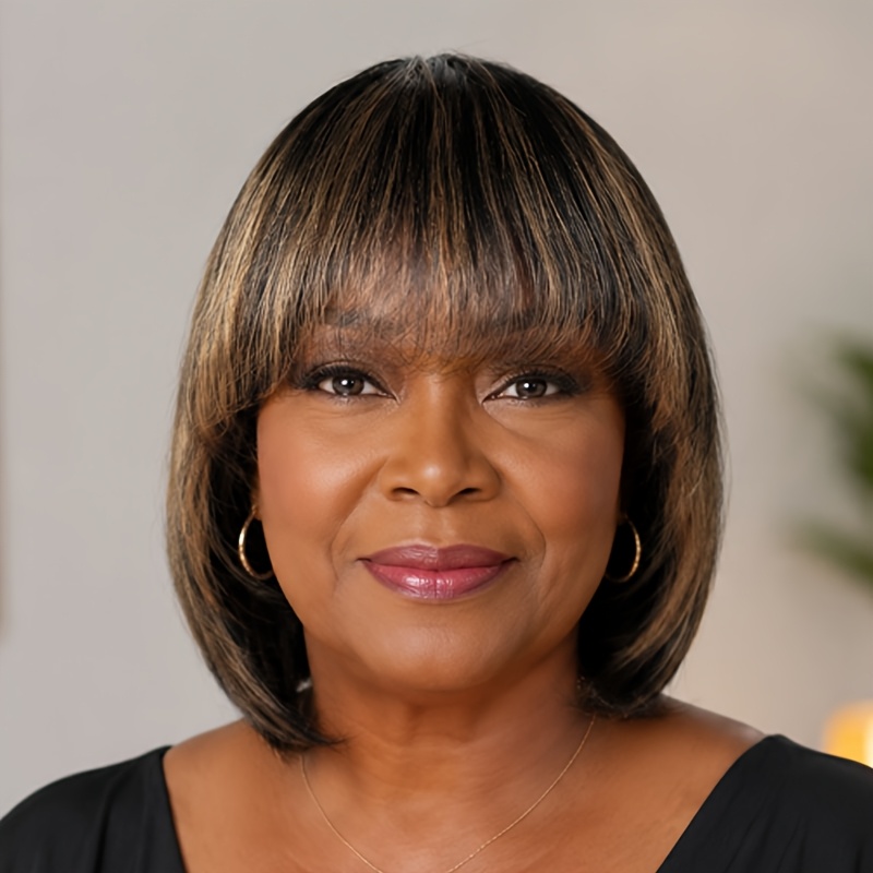 TEMU Bob Wig 100%human Hair Wig Brown Mixed Color Wig Women's Straight Hair Wig Short Hair Wig With Bangs Fluffy Shape Suitable For Everyone To Wear