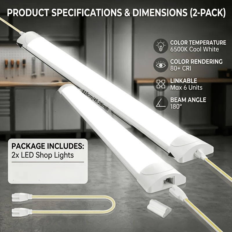 2pcs Led Tube Lights 115cm, 40w, 6800 , 6500k Cool White. Ideal For Workshop And Garage Lighting; Features Design For Daisy-chaining. Suitable For Use As Ceiling Lights In Basements, Offices, And .