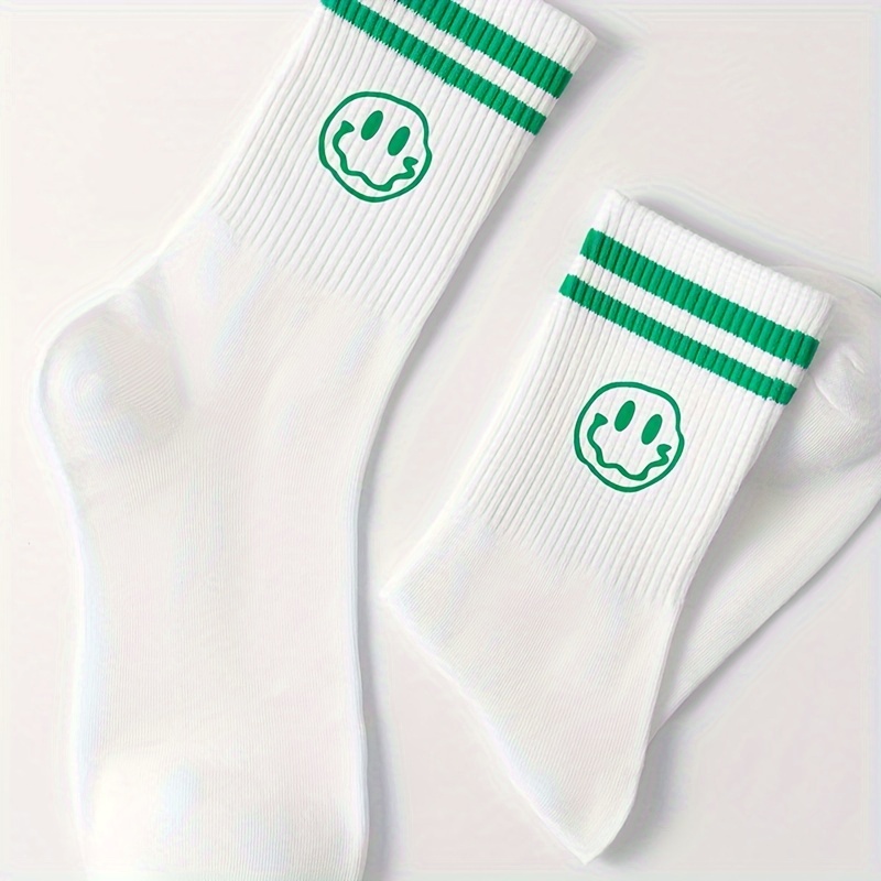 

Funny Face Socks, Stylish & Breathable Striped Mid-calf Socks, Women's Stockings & Hosiery