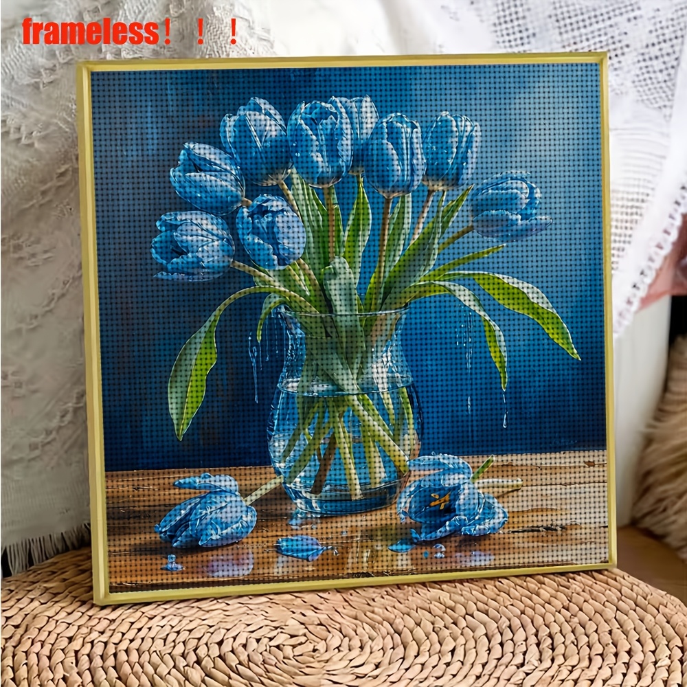DIY Cross-Stitch Printed Kit, Unframed, Blue Tulips in a Vase Design