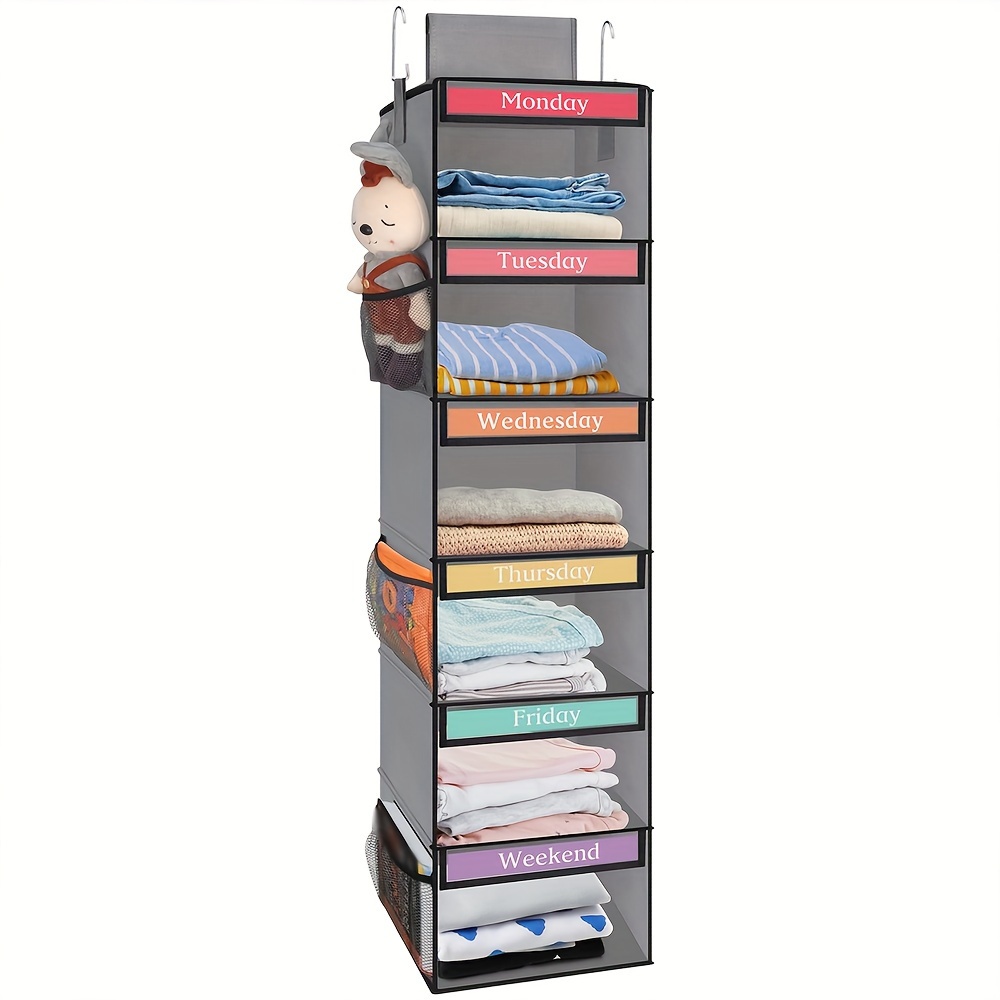 

1pcs 6-shelf Grey Weekly Hanging Closet Organizer With 6 Side Pockets, Organizers Monday Through Friday Clothes Foldable Hanging Storage Shelves, 48*11.8*11.8 In