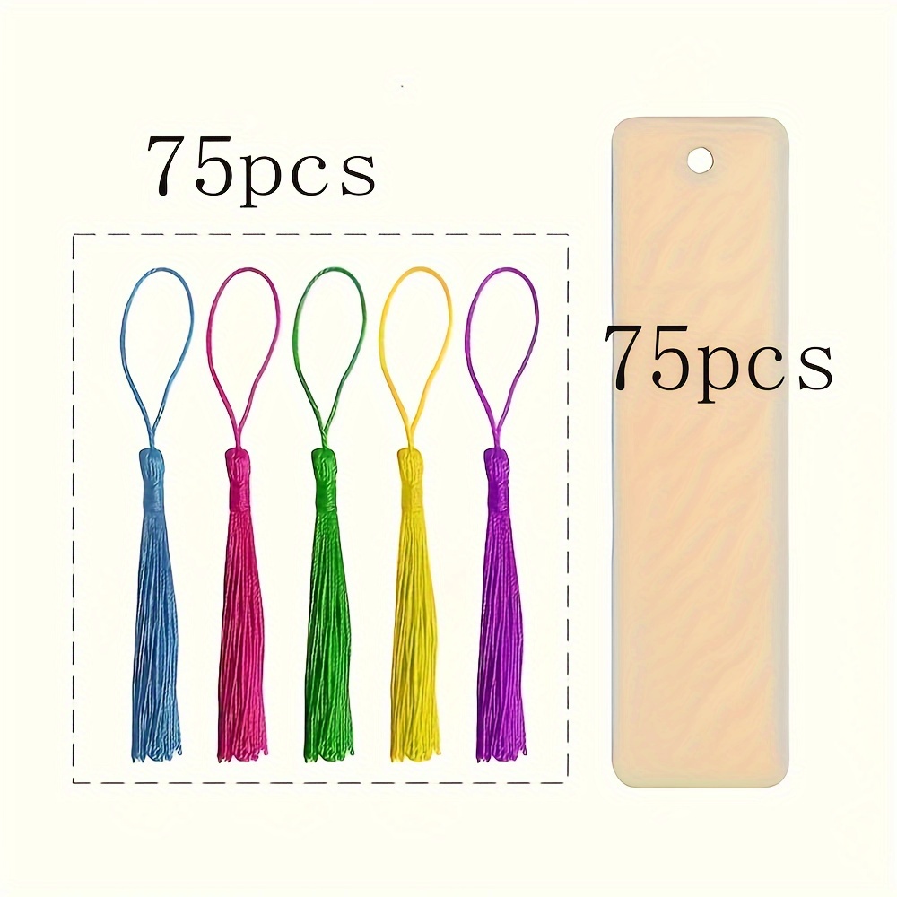 

150pcs Wooden Blank Bookmarks Diy Wooden Craft Bookmarks Wooden Laser-cut Wooden Pendants Wooden Square Tags (75 Bookmarks+75 Tassels) Tassel Color Random