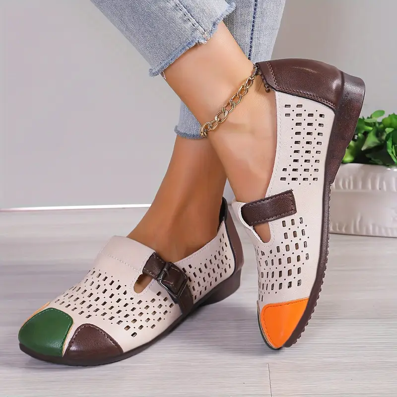 womens colorblock flat shoes casual hollow out design slip on shoes comfortable strap design shoes details 4