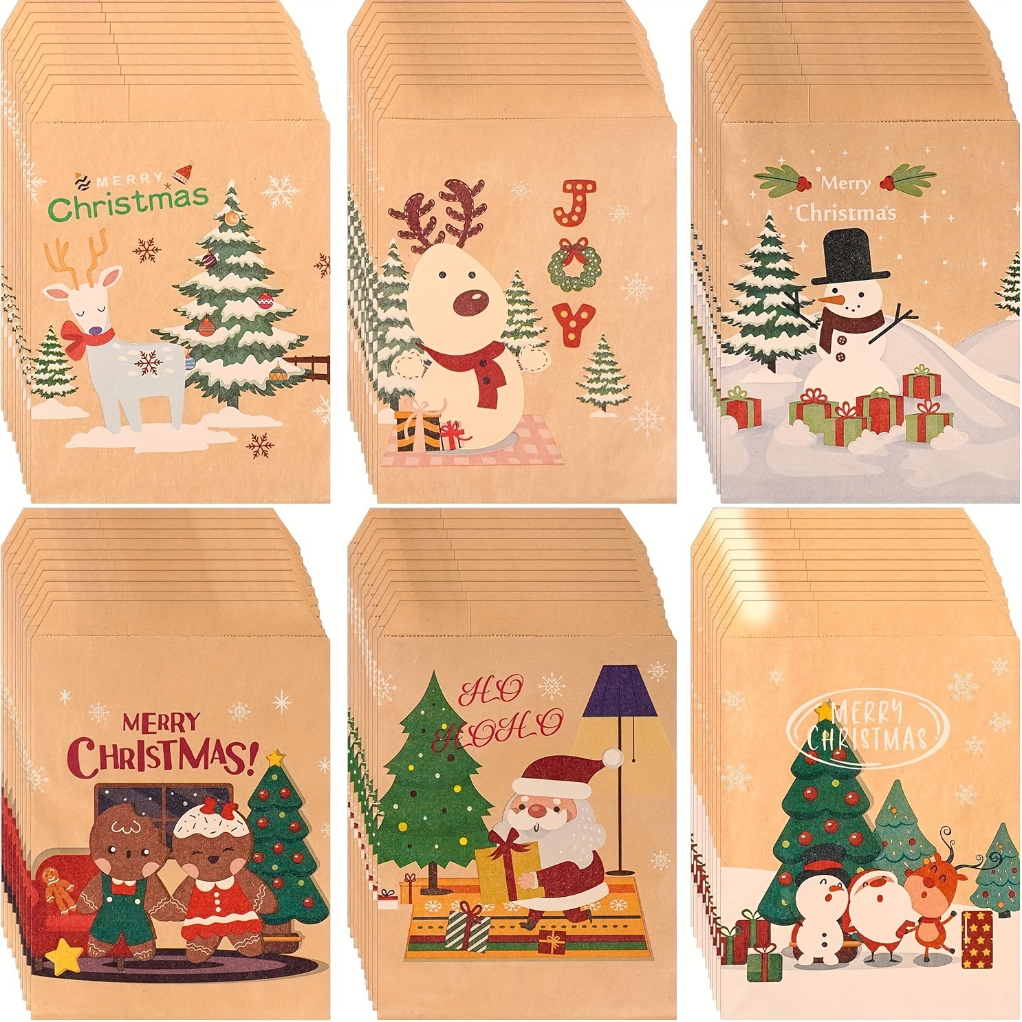 Image of 120 Christmas Paper Snack Bags, Featuring Christmas Elements And Reindeer Prints, Red And Buffet Paper Bags, Suitable For Christmas Holidays, 6 Styles