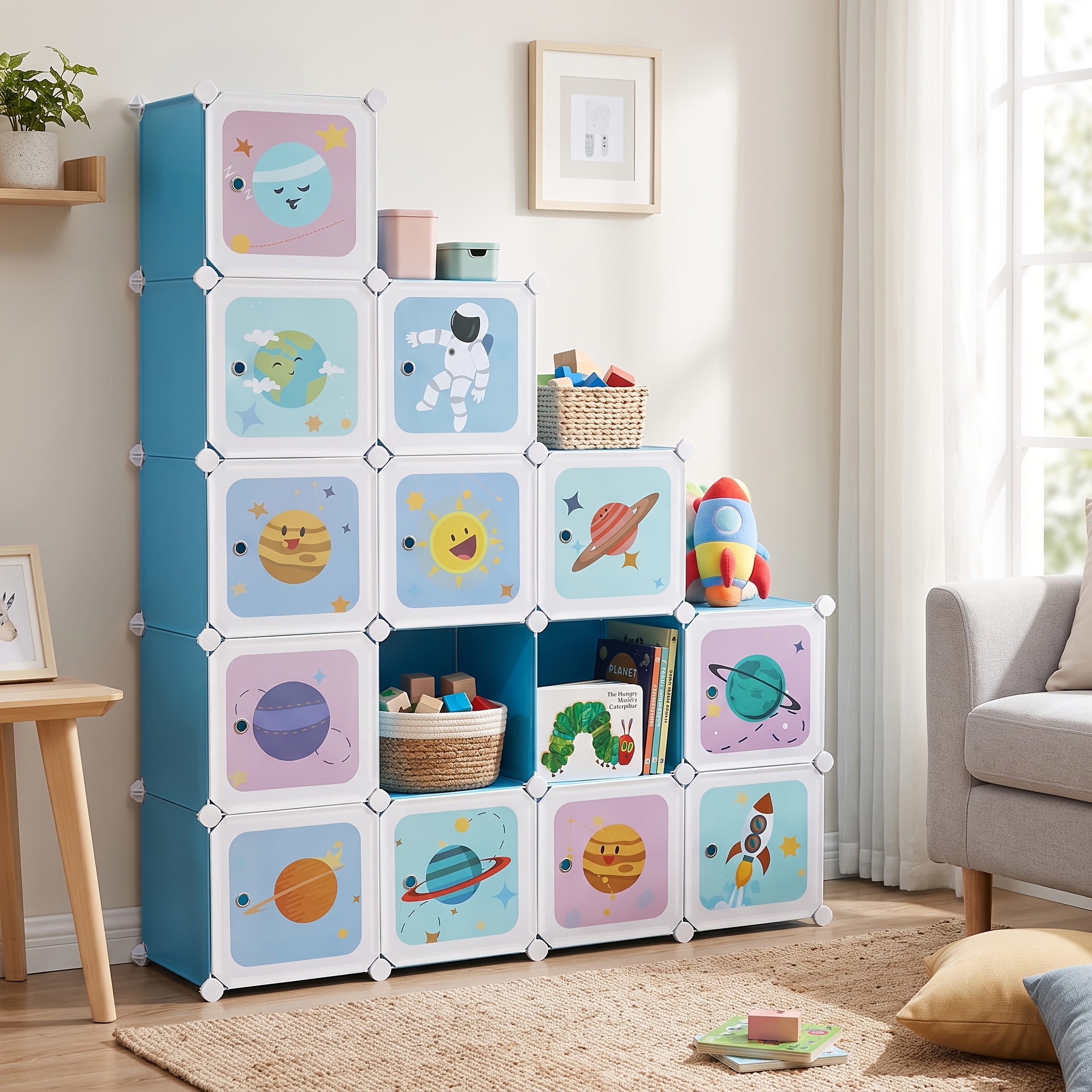 Storage Unit, 16-cube Space Theme Modular Wardrobe With Doors, 123 X 31 X 123 Cm, Blue And White, Storage Drawer Units