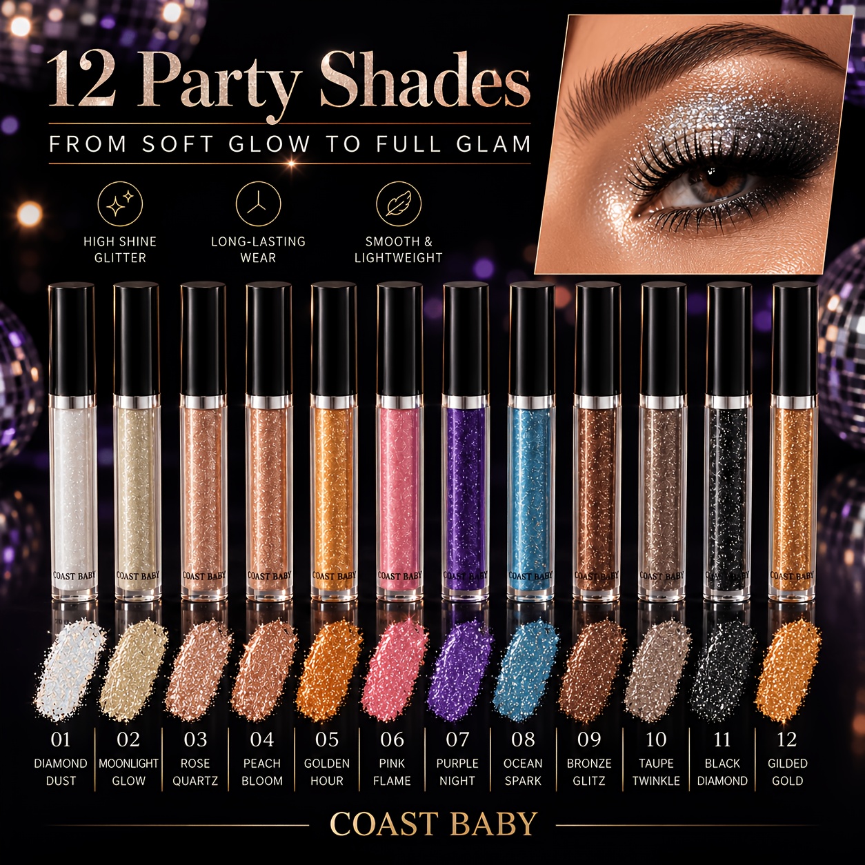 12 Colors Liquid Eyeshadow Glitter Palette - Waterproof Long-lasting Shimmer Suitable For Women, Metallic Sparkle With Liquid Formula, Tones For Party Makeup, Wedding, Daily Wear, Gift For