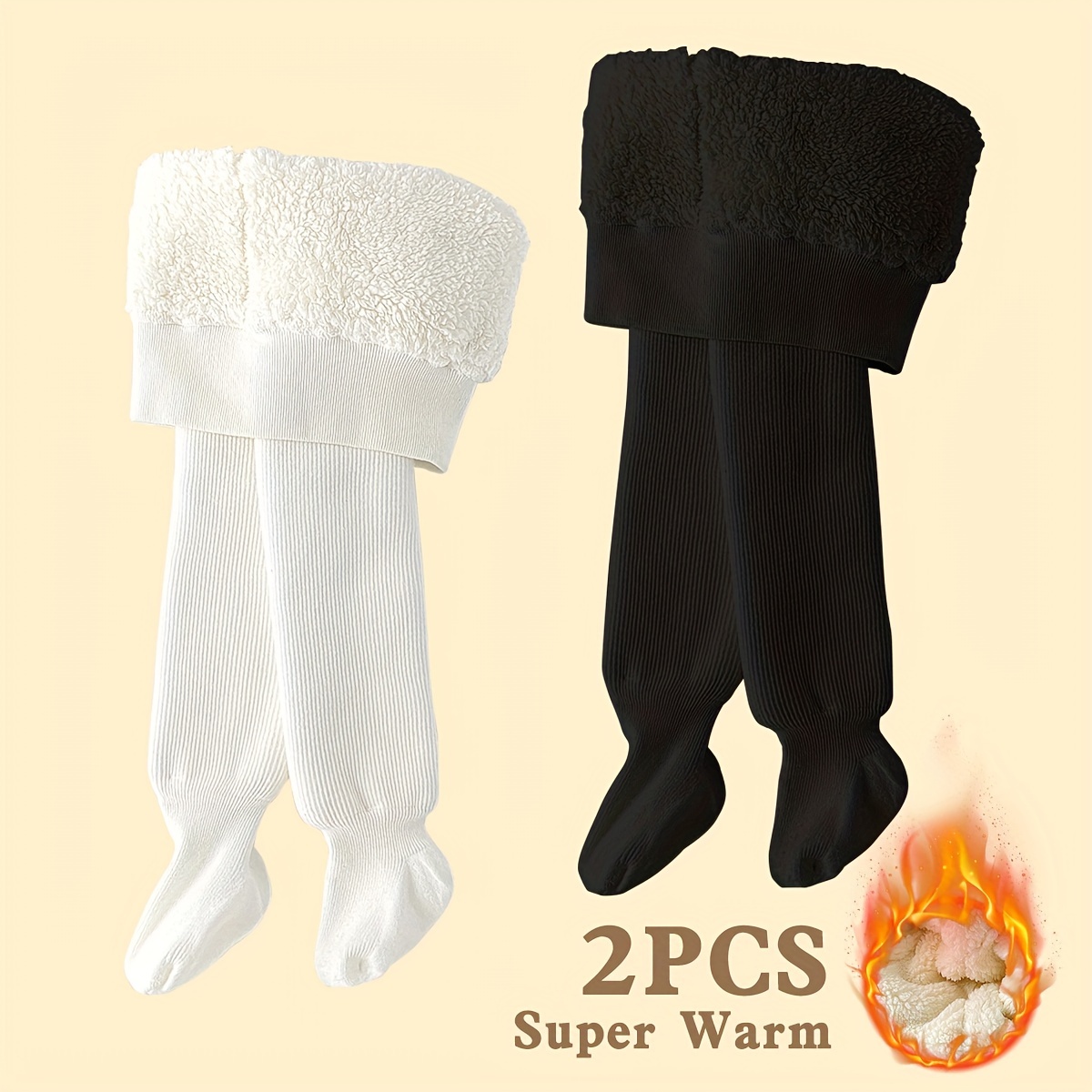 

2-pack Super Warm Fleece-lined Tights For Children - Cotton Knit Solid Color Thermo Pantyhose For Fall/winter, Hand Wash Only - Ages 12 & Under