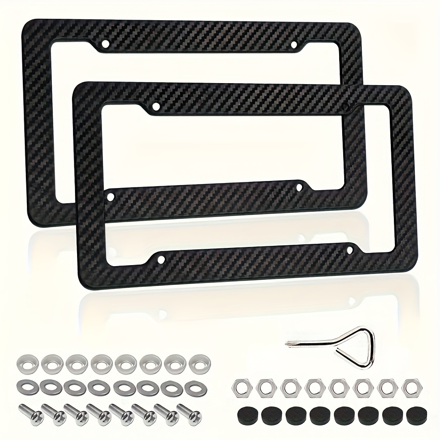 TEMU 2pcs Carbon Fiber License Plate Frame Set - Stylish Black Finish, Mounting For Front & Rear, Rust-, With Noise-canceling Rattle Proof Pads And Premium Screw Caps, U. S. Area License Plate Frame