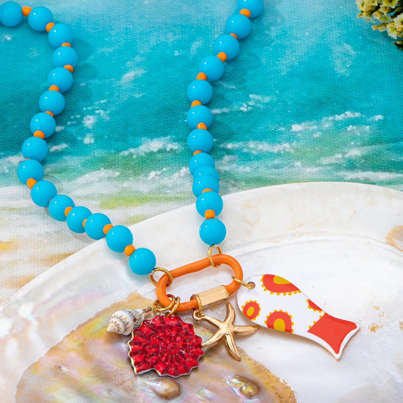 Bohemian Multi-Layered Resin Bead Necklace with Fish & Starfish