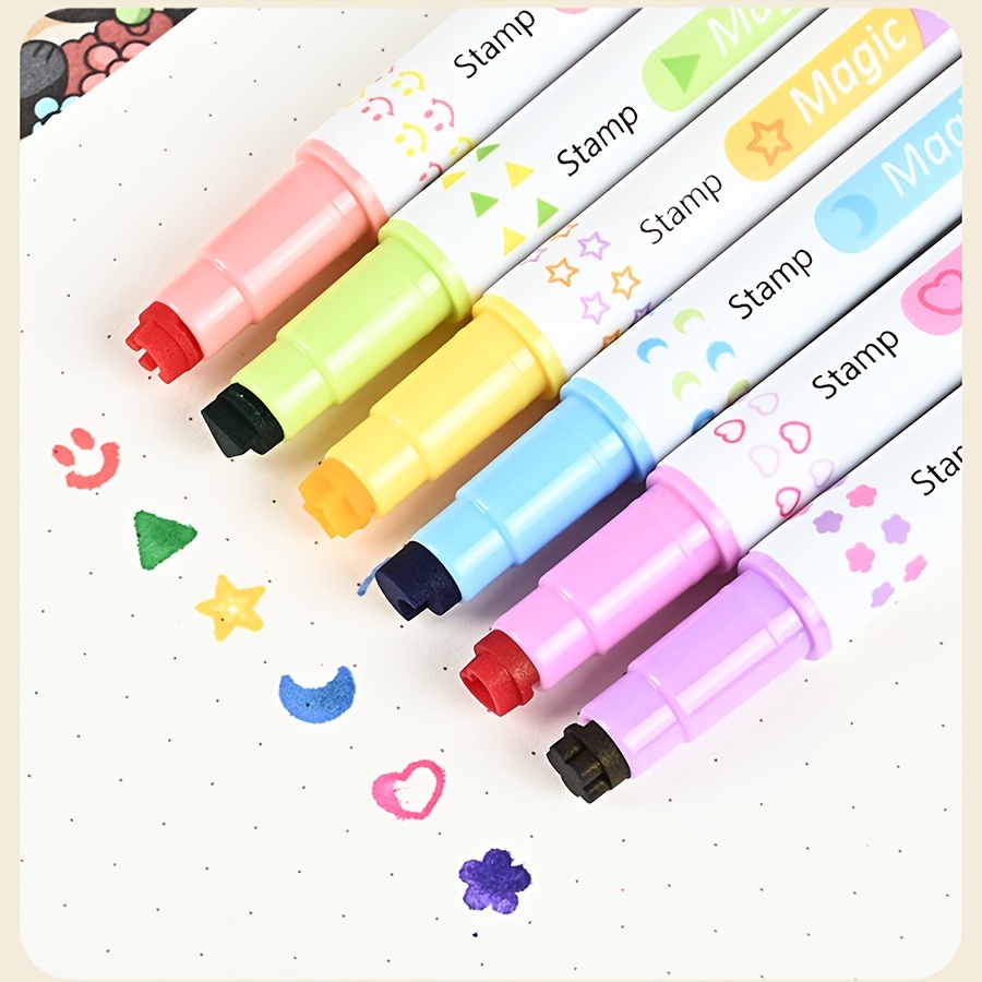 6pcs Creative Dual-head -changing Stamps Pens Student Colored Markers Highlighter Large Capacity