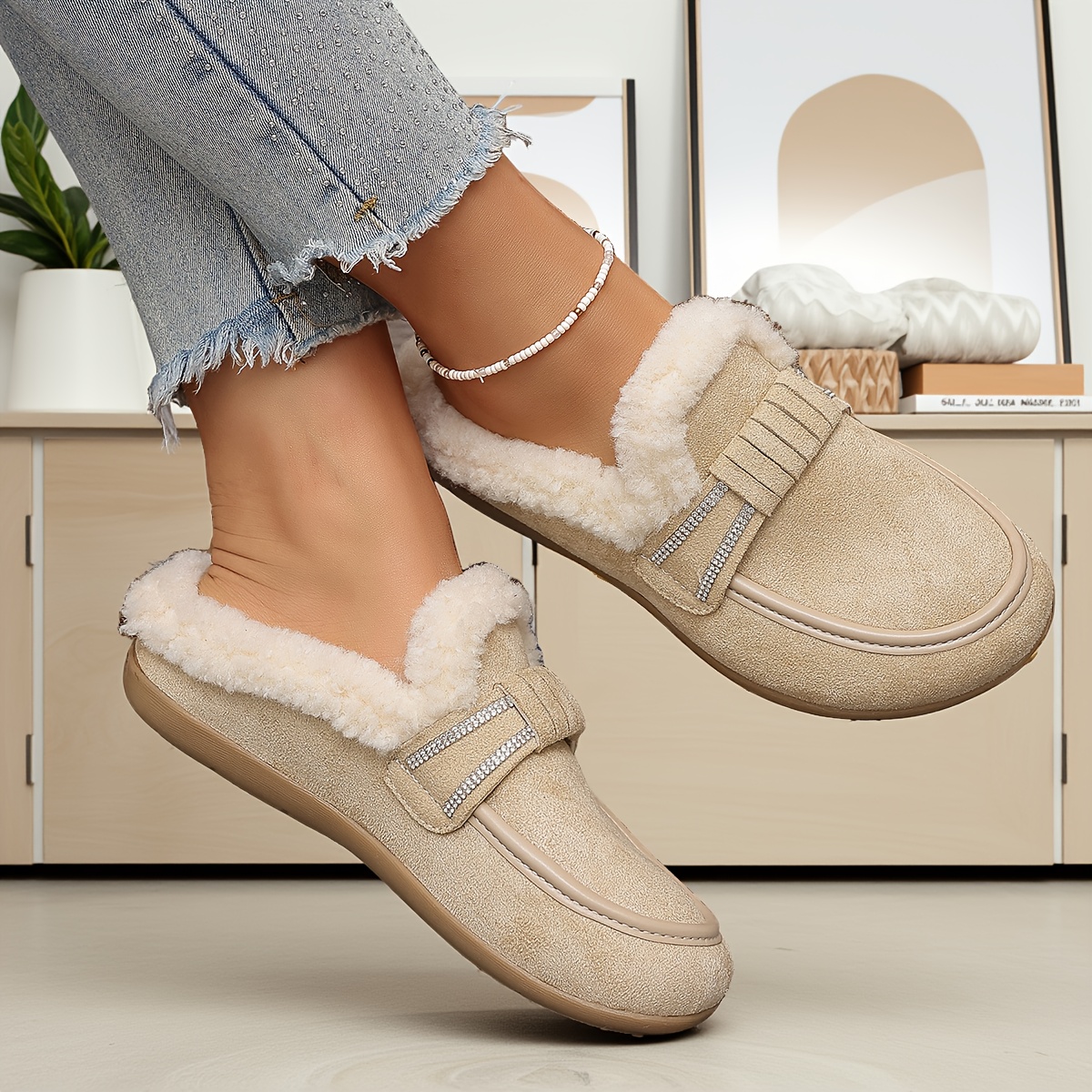 TEMU Women's New Autumn/winter Plus-size Wide-toe Slippers, Comfortable Soft Plush-lined Warm Shoes, Indoor Casual Skin-friendly Versatile Furry