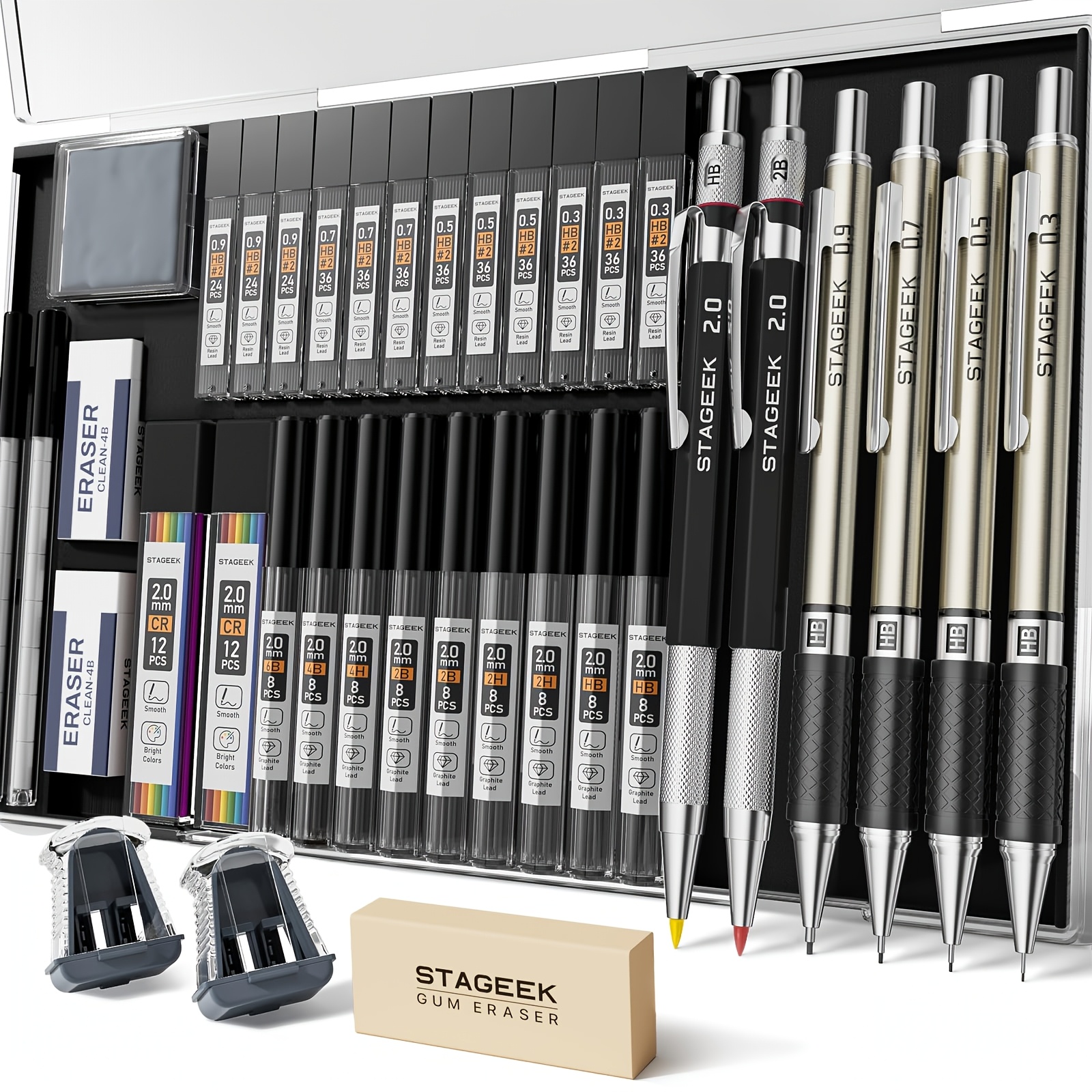 TEMU Painting Pencils Set With Case, Drawing Pencils 0.3, 0.5, 0.7, 0.9mm & 2mm Sketching Pencils With Lead Refills (6b 4b 2b Hb 2h 4h Color) For Artist Drafting Drawing