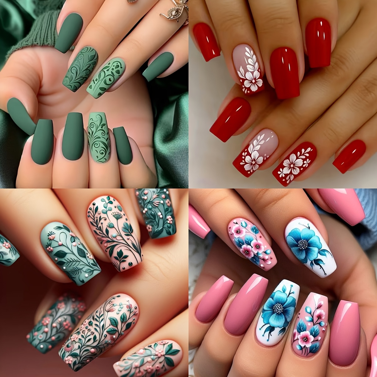 TEMU 96pcs Different Styles Square Press-on Nails, Fashionable Elegant Floral Pattern False Nails, With Jelly Glue And Nail File, Suitable For Women'