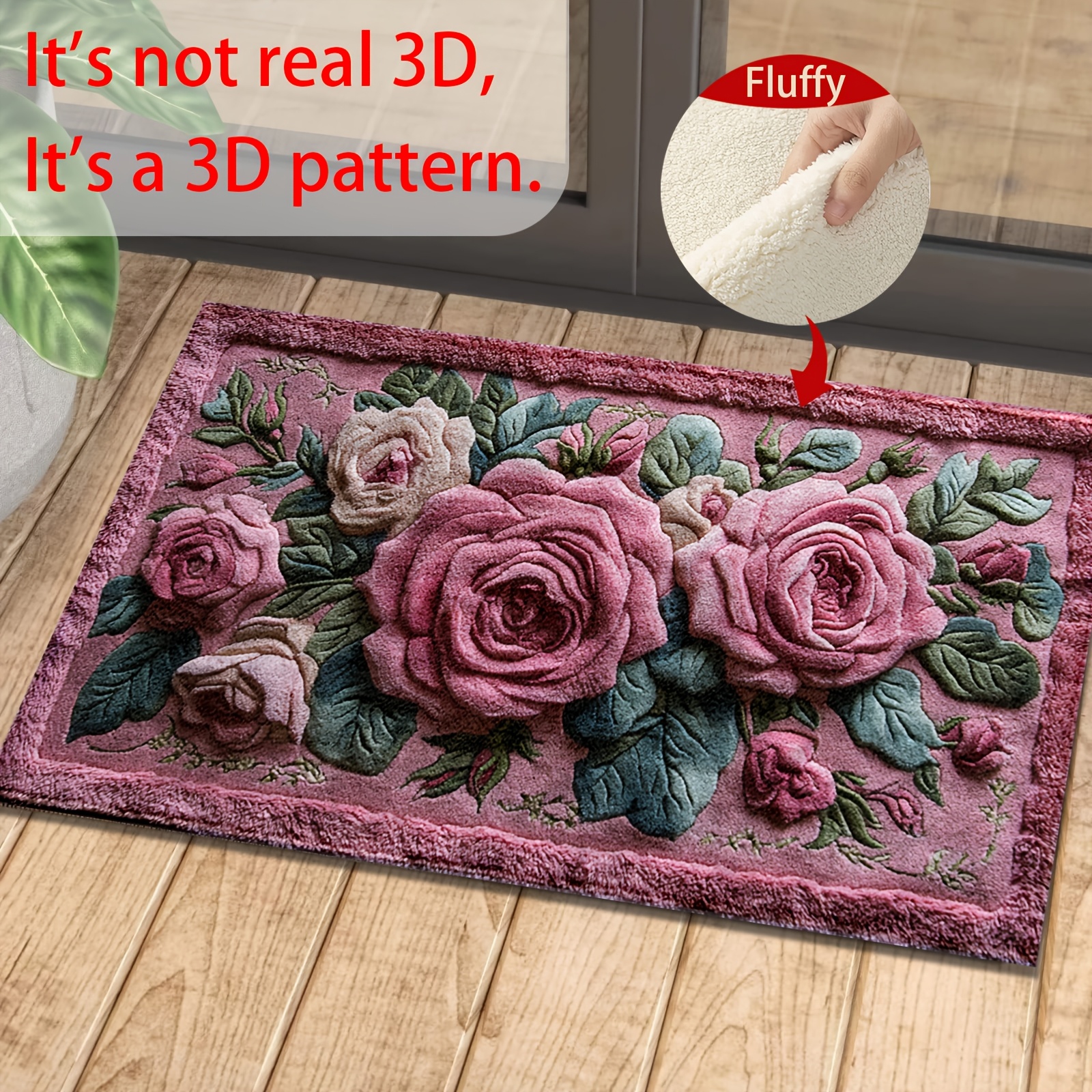 

1pc Pink Rose Pattern Non-slip Bath Mat, Polyester Knit Fabric, Low Pile, Machine Washable, Stain Resistant, Quick-drying Absorbent With Tpr Backing, For Bathroom, Kitchen, And Home Decor