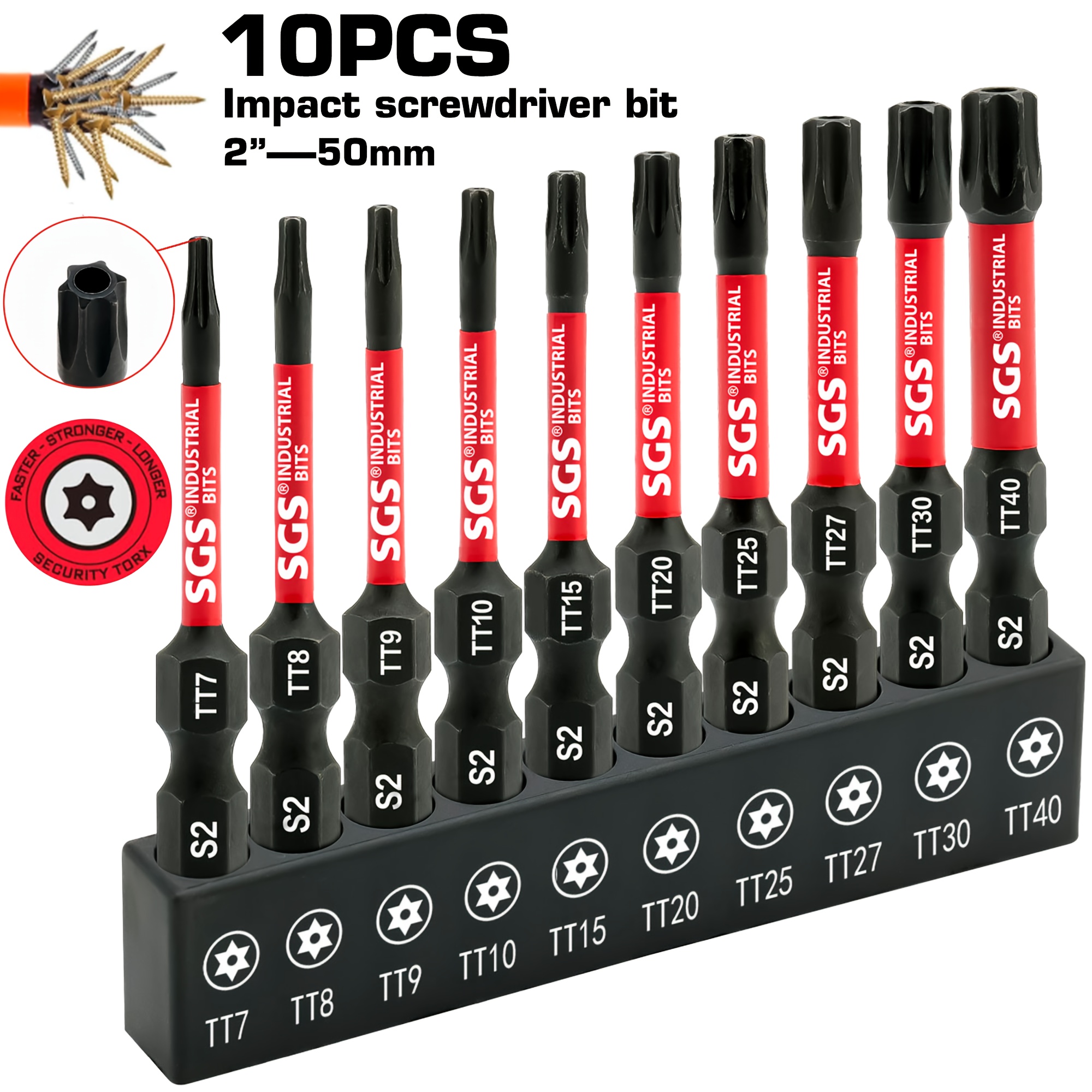 TEMU 10pcs Safety Torx Screwdriver Bit Set, 50mm/1.96inch, S2 Alloy Steel Magnetic Bits, Impact-resistant, Anti-slip, Wear-resistant, Bits. Suitable
