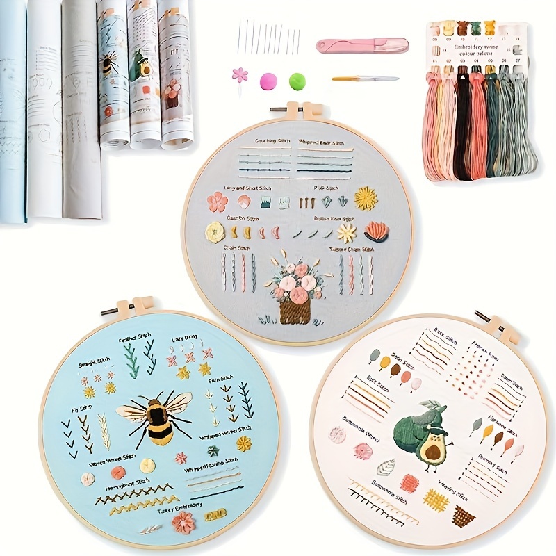 

Embroidery Starter Kit 3-pack With Patterns, Instructions, Hoop, Scissors, Thread - Fabric Craft Set, Animal Themes, Diy Stitch Kits For Beginners, Seasonal Needlework Supplies