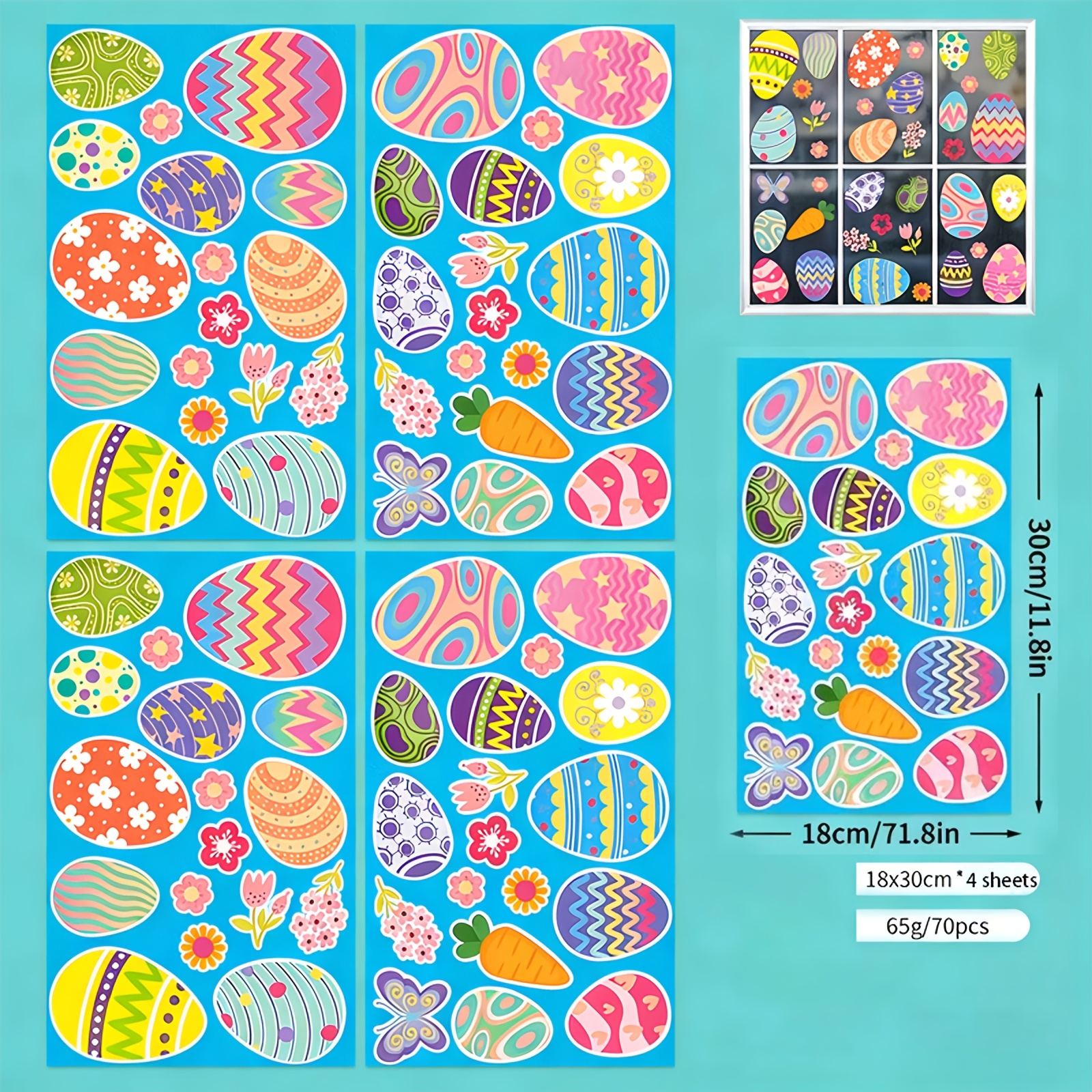 70pcs/4 Sheets Waterlock Easter Static Cling Film - Residue-free Egg Shapes And Spring Patterns, Irregular Designs Suitable For Glass Doors And Refrigerators - Easy-to-apply Easter Party Decorations