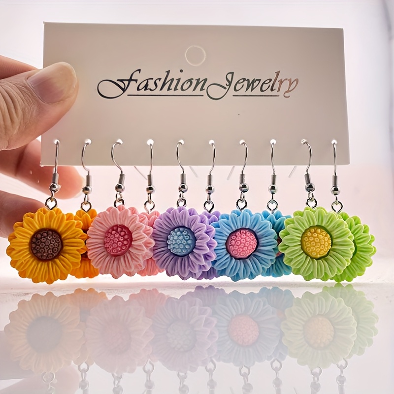 TEMU 10pcs A Set Of Cute Sunflower Resin Earrings Women's Set Stainless Steel Ear Hooks Do Not Fade Suitable For Party Festival Wear, Without Battery