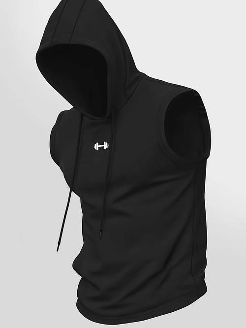 mens fashion trendy print vest geometric pattern with hood and drawstring quick dry casual athletic sleeveless top
