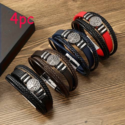 4pcs tree of life woven faux leather bracelet mens multi layer stackable set