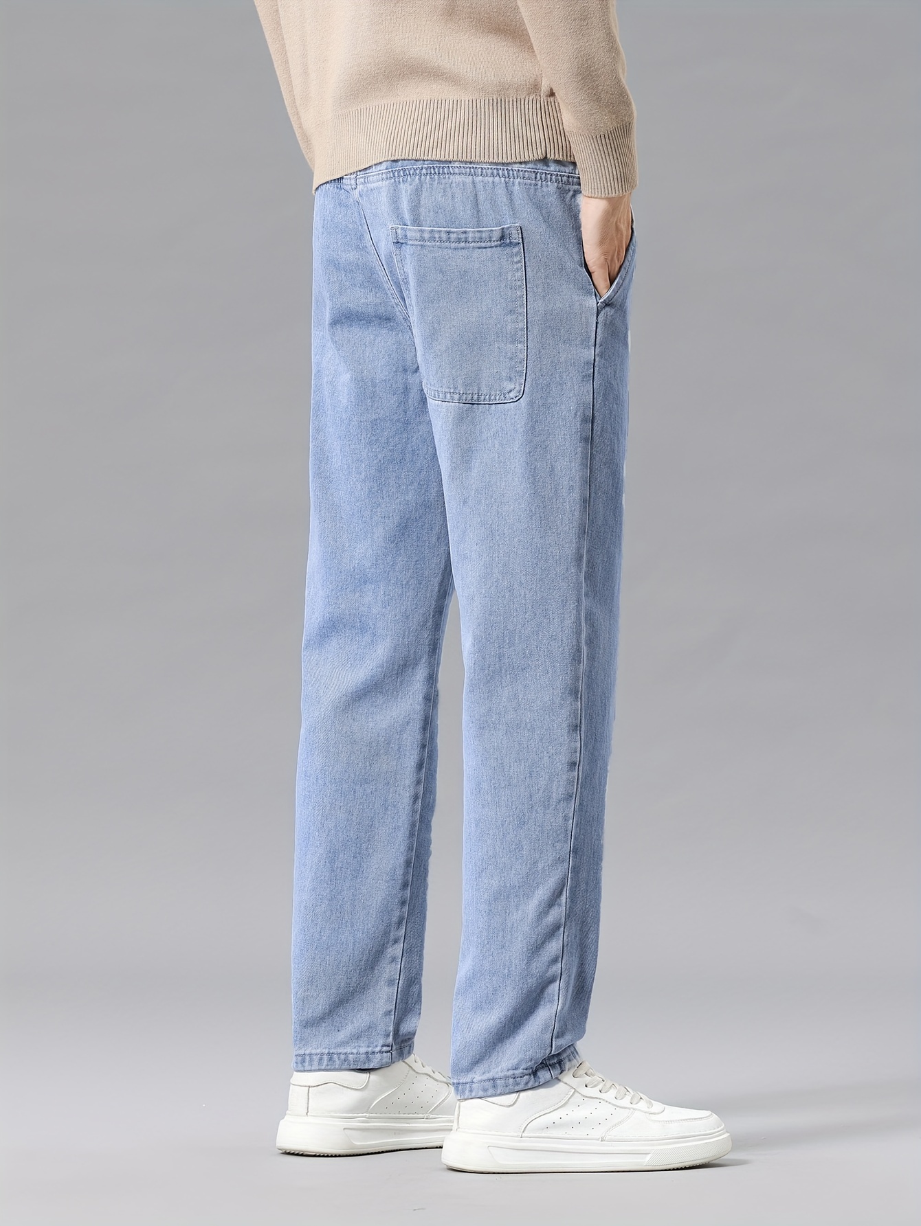 1pc Men'S Casual Washed Denim Jeans, Mid Waist Drawstring Waist, Non-Stretch Solid Color, Straight Leg, Regular Fit, Woven Fabric, Weekend Casual Style, Spring/Fall Season, 9/10 Length Pants