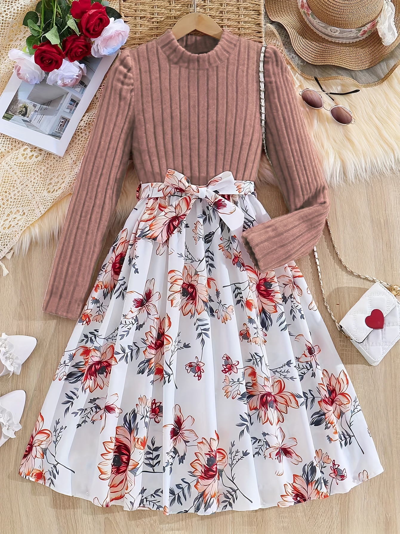 elegant ribbed long sleeve floral dress suitable - Temu