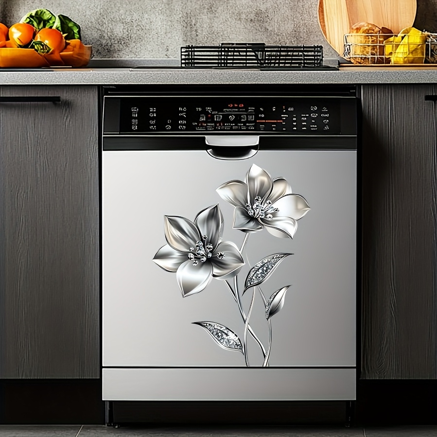 Image of Luxury Silvery Floral Dishwasher Sticker, Removable Self-adhesive Decal, Home Kitchen Decor Dishwasher Wall Sticker, Adds An Elegant And Sparkling Ambiance To , Easy To Apply