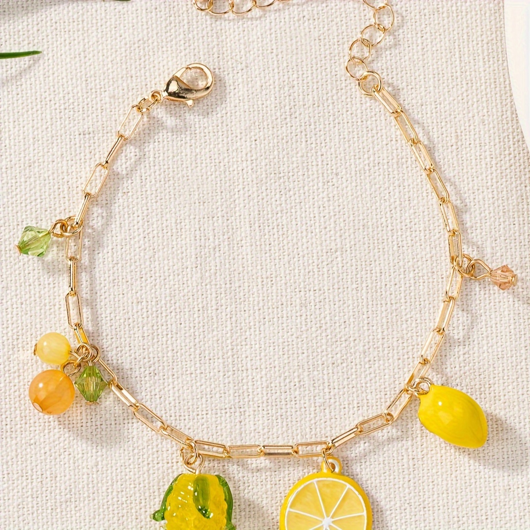 

Boho Style Fruit Charm Bracelet Plated Iron Chain With Citrus Lemon Pendants - Fashion Jewelry For Daily Wear, All Season Suitable