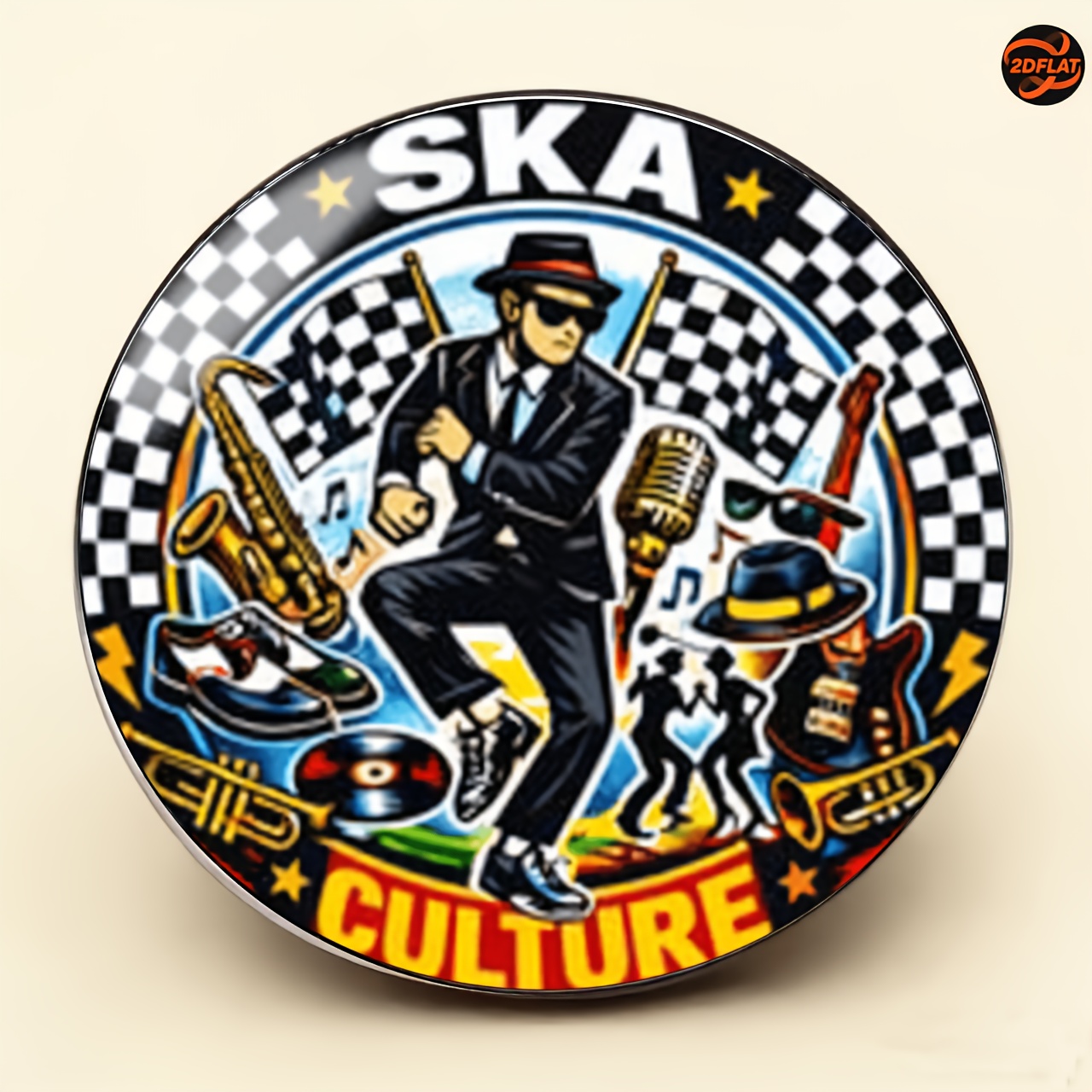 TEMU 1pc 2d Flat Retro Ska Theme Badge Accessory, Retro Dancer Black And White Checkered Badge Ornament, Ska Music Element Dancing Figure Badge