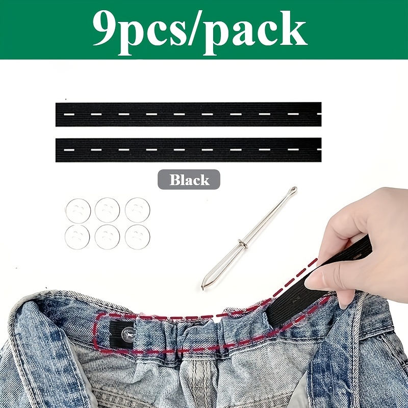 TEMU 9pcs/pack Black Adjustable Elastic Waistband Extenders For Jeans And Pants, Waist Tighteners For Men And Women, Includes Buttons And Threader