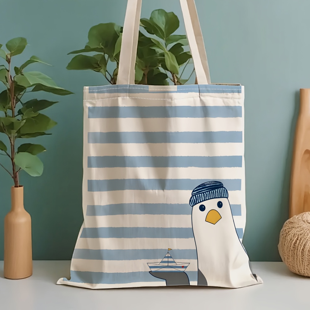 Image of Striped Penguin Tote Bag - Large Capacity Canvas Bag, Stationery Storage Bag, Gift Bag, Perfect For School, Going Out, Travel, Holidays, Shopping, Grocery Shopping And Everyday Use