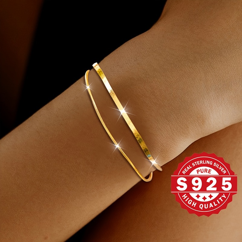 Women's S925 Sterling Silver Double Layer Blade and Round Snake Pattern Bracelet