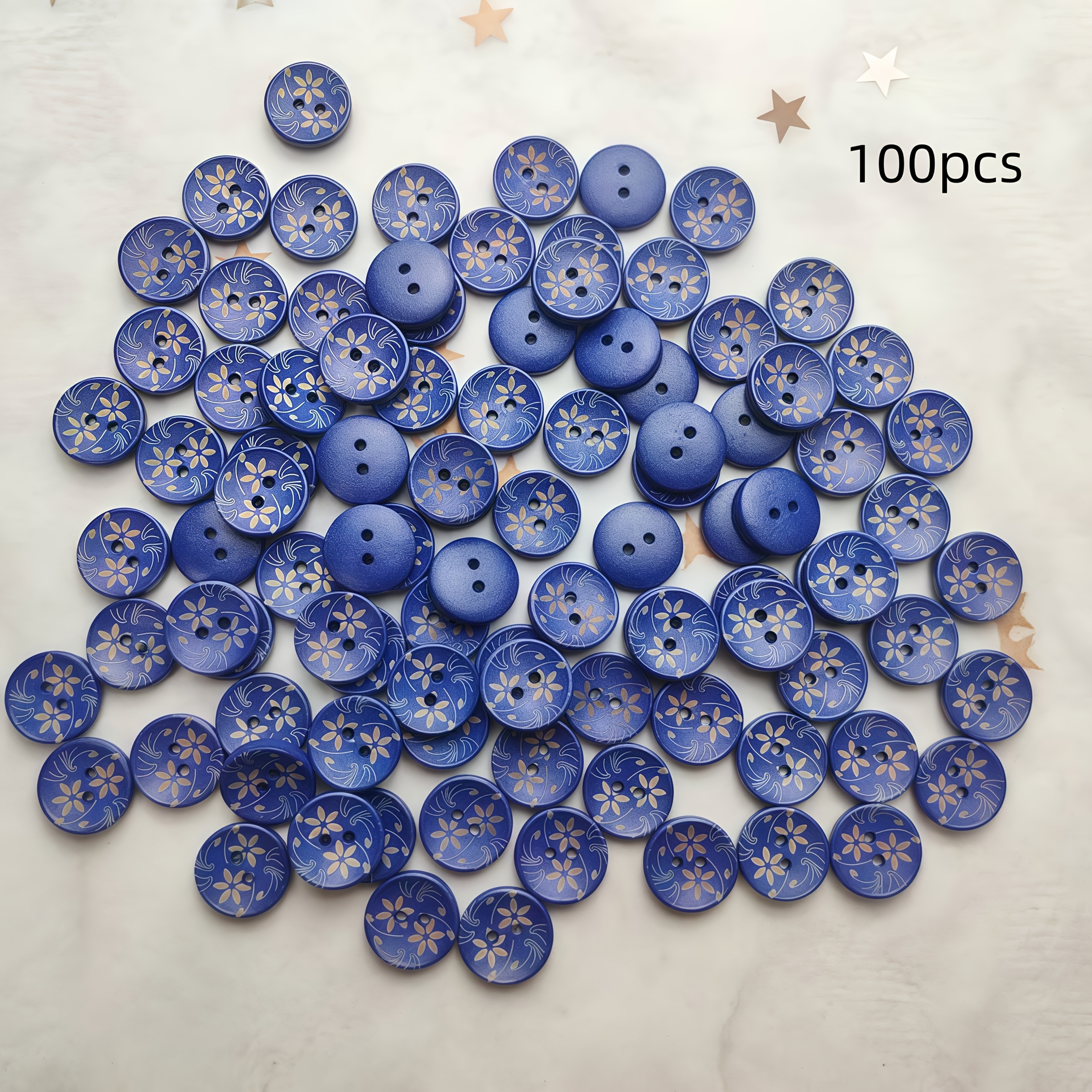 E-shop 100 Stk. modische Vintage 2-Loch dunkelblaue schalenförmige Holzknöpfe, farbgedruckte Holzknöpfe, kreative florale Holzknöpfe, handgefertigtes