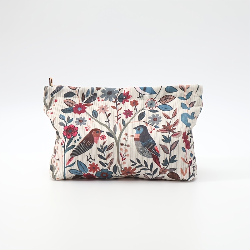 TEMU Corduroy Zippered Storage Pouch - Pastoral Floral & Bird Print Makeup Bag With Corduroy Exterior & Zipper Closure, Lightweight Suitable For