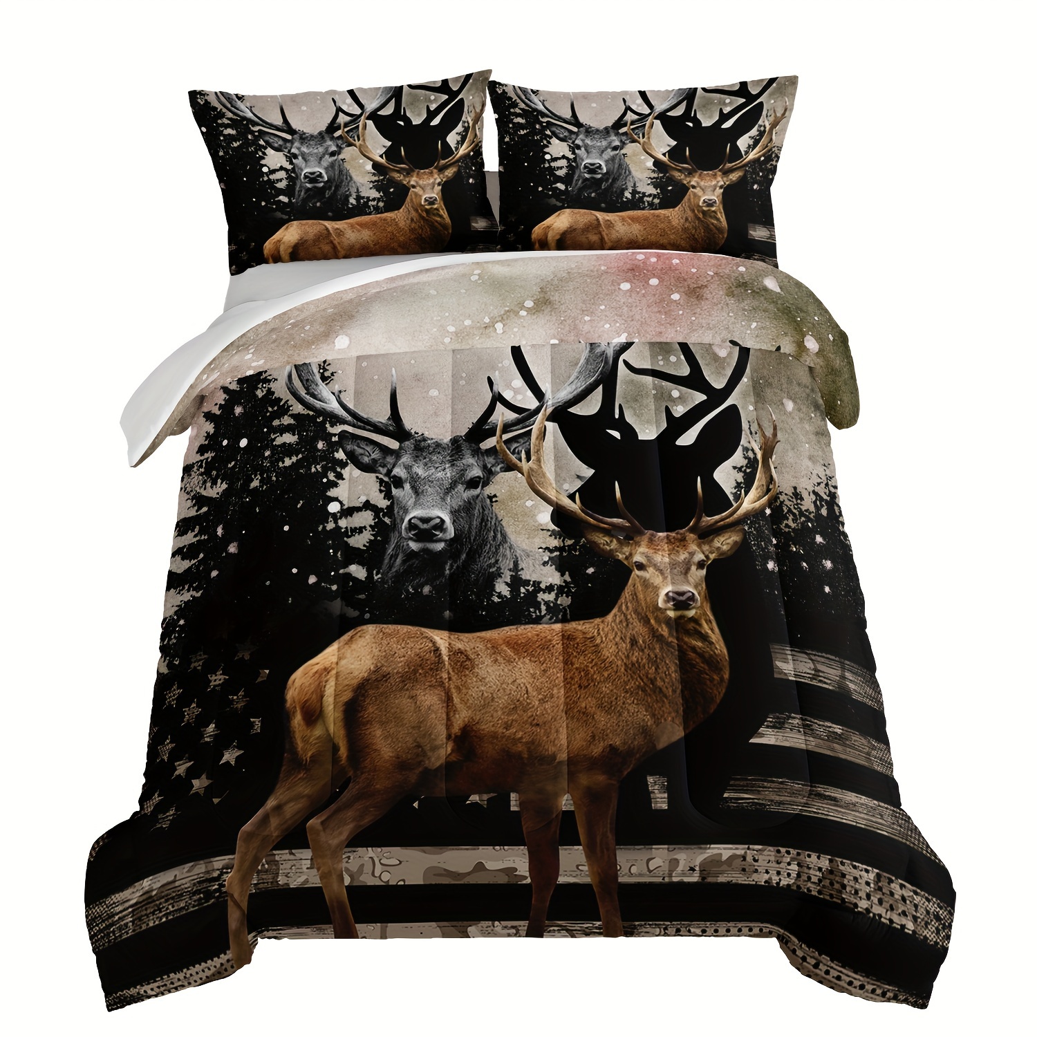 TEMU 3pcs Contemporary Style Polyester Duvet Set (1 Duvet + 2 Pillow Covers, Without Insert), Featuring A Vintage Hunting Forest Deer Design With An